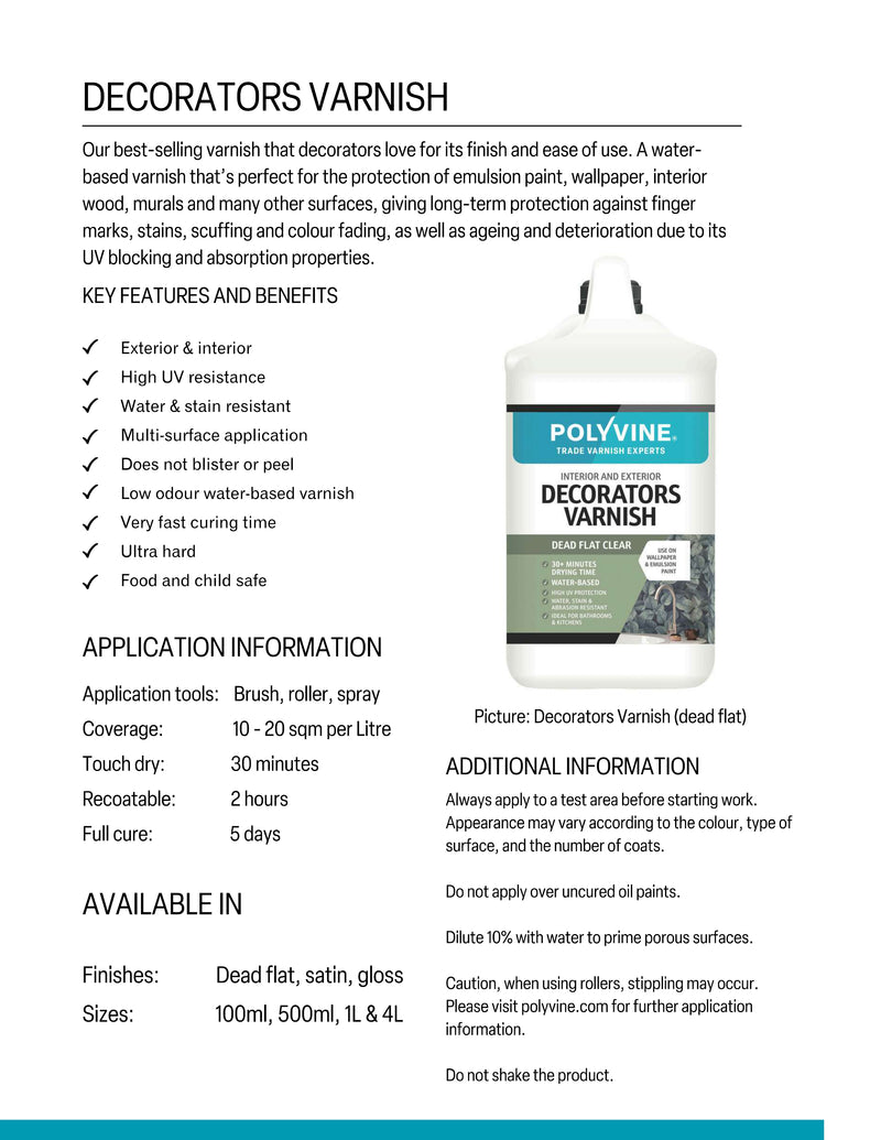 Product information sheet for Polvine Decorators Varnish with a bottle image on a white background.