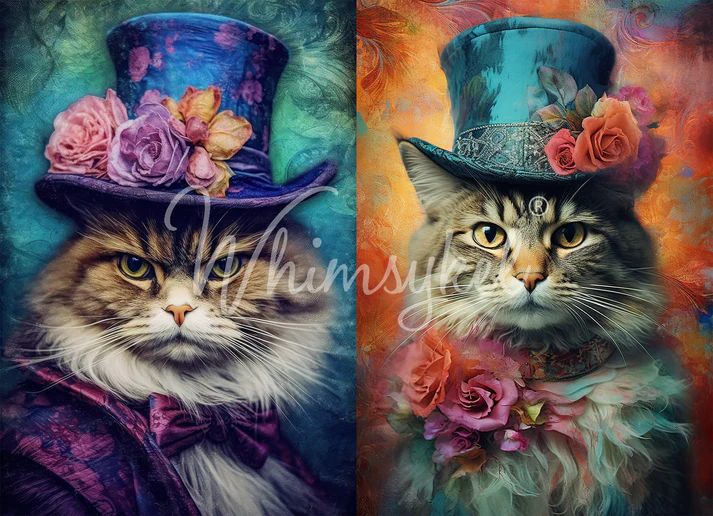 Two cats in elaborate hats adorned with flowers; one in a blue hat with a purple coat, the other in a teal hat with a frilly collar