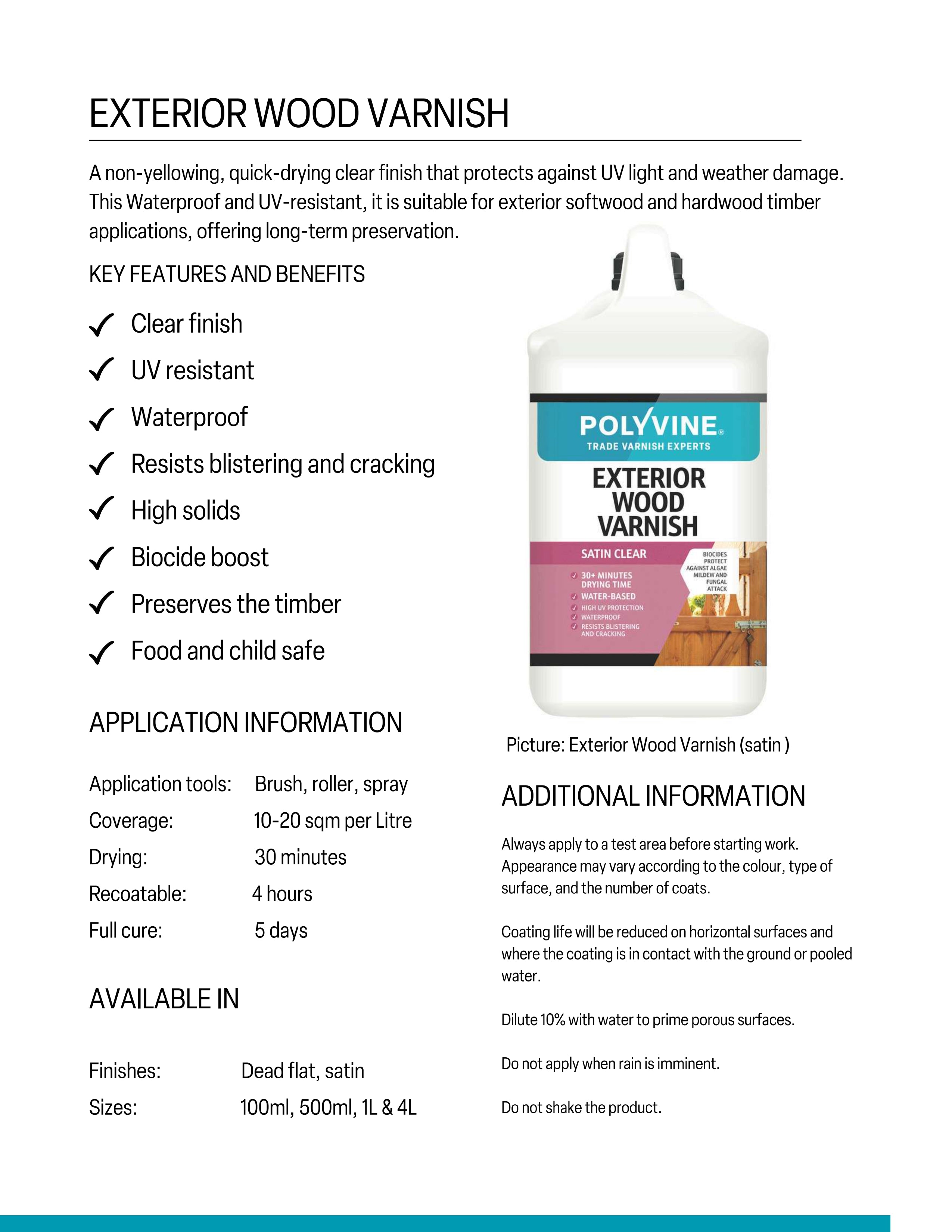 Exterior wood varnish product with features and benefits listed on a white background