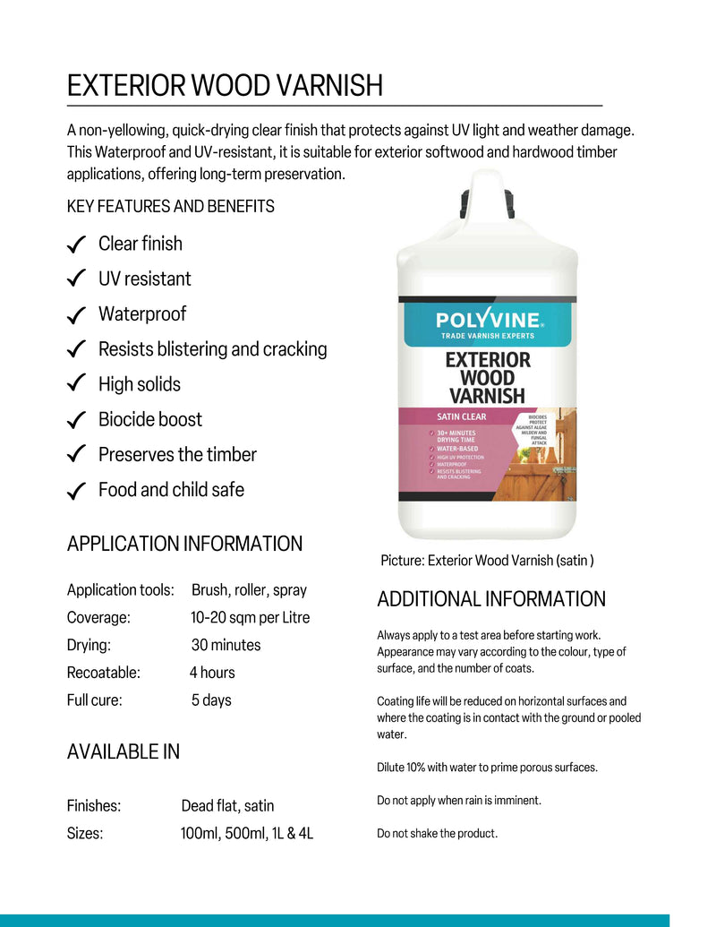 Exterior wood varnish product with features and benefits listed on a white background