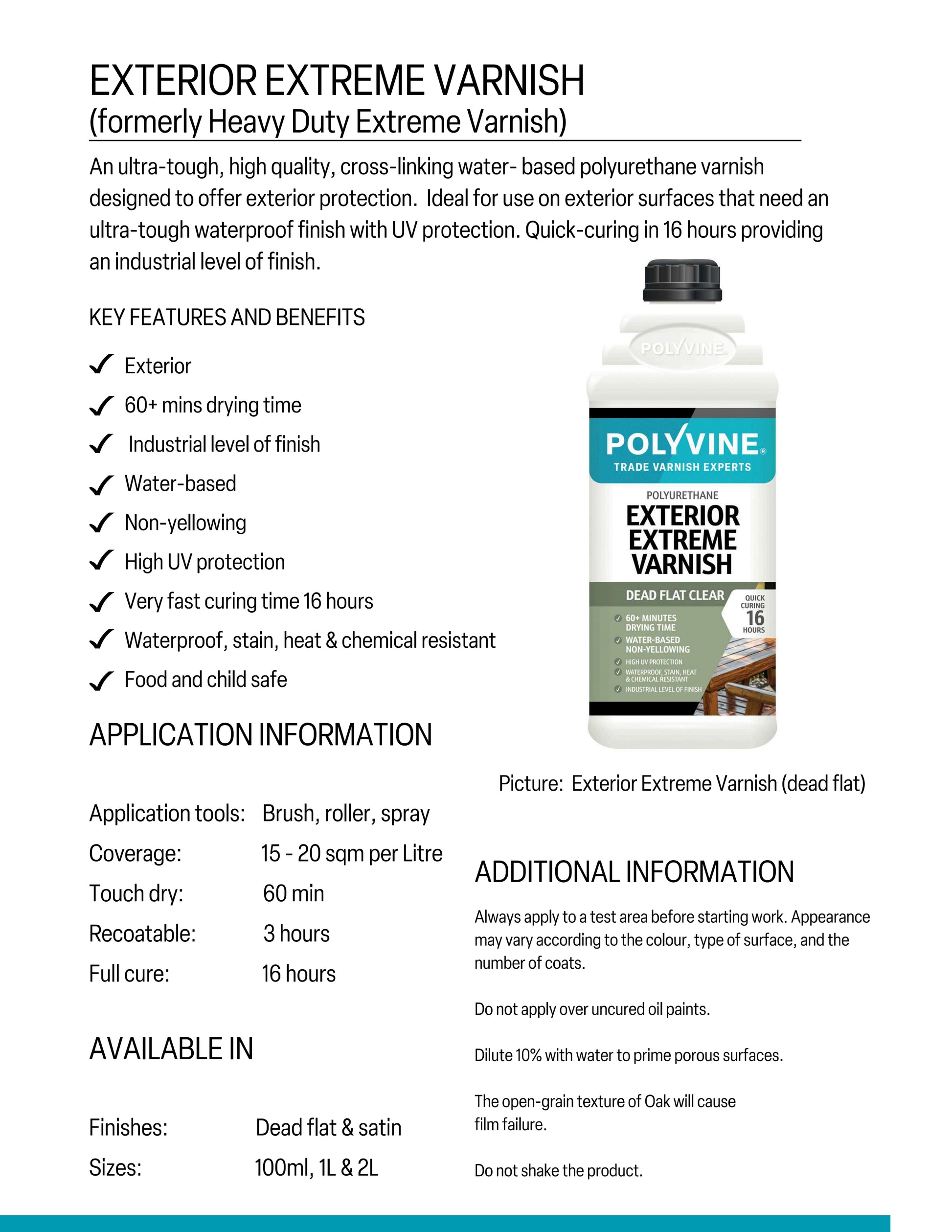 Product packaging of Polyvine Exterior Extreme Varnish with features and benefits listed.