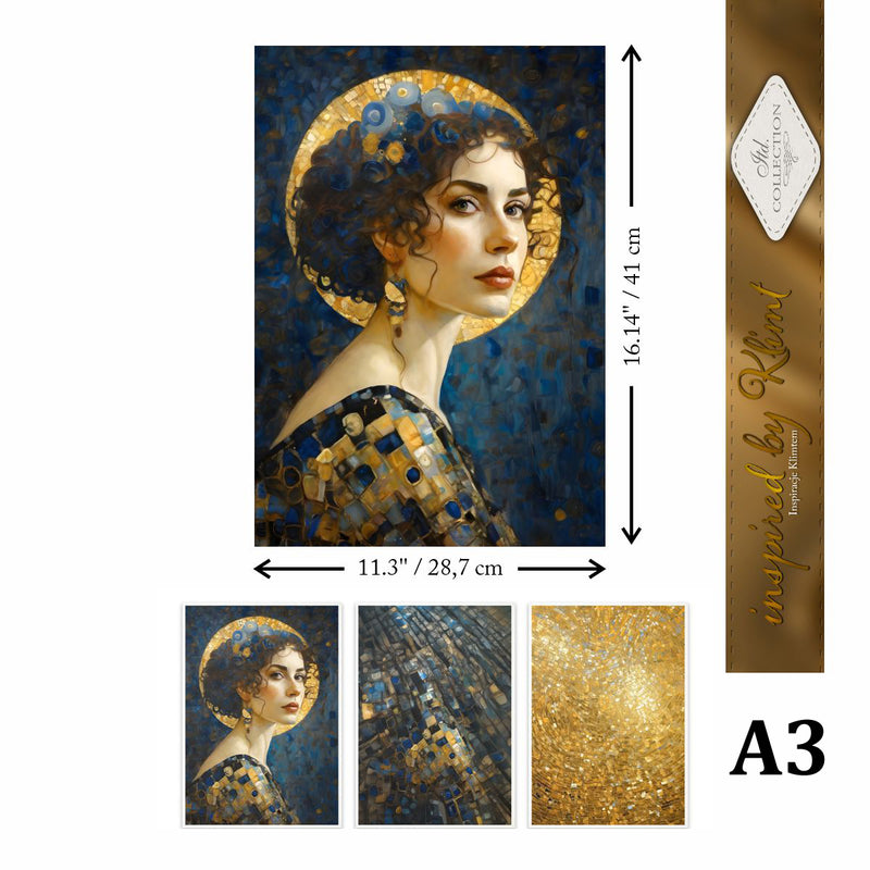 A3 size diamond painting canvas featuring an artistic portrait of a woman with a gold halo, shown with its dimensions
