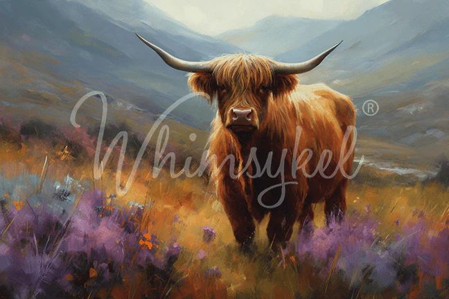 A Highland cow with long, shaggy orange-brown fur and curved horns stands in a colorful grassy landscape dotted with wildflowers and mountains in the background