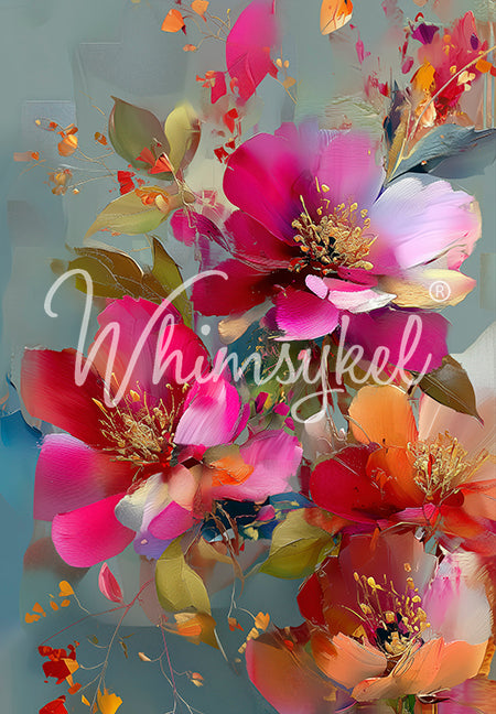Abstract floral composition with large pink and purple blossoms against a muted background