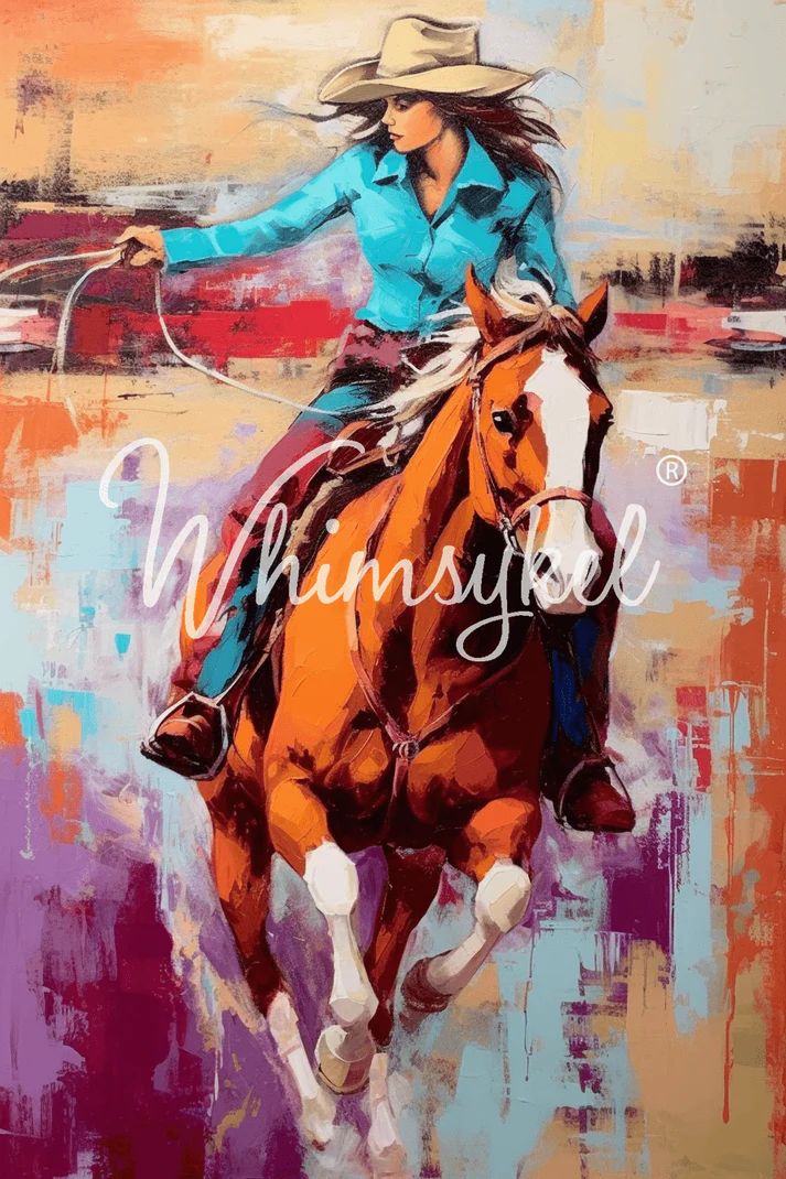 A woman wearing a blue shirt and beige hat rides a chestnut horse in motion, swinging a lasso