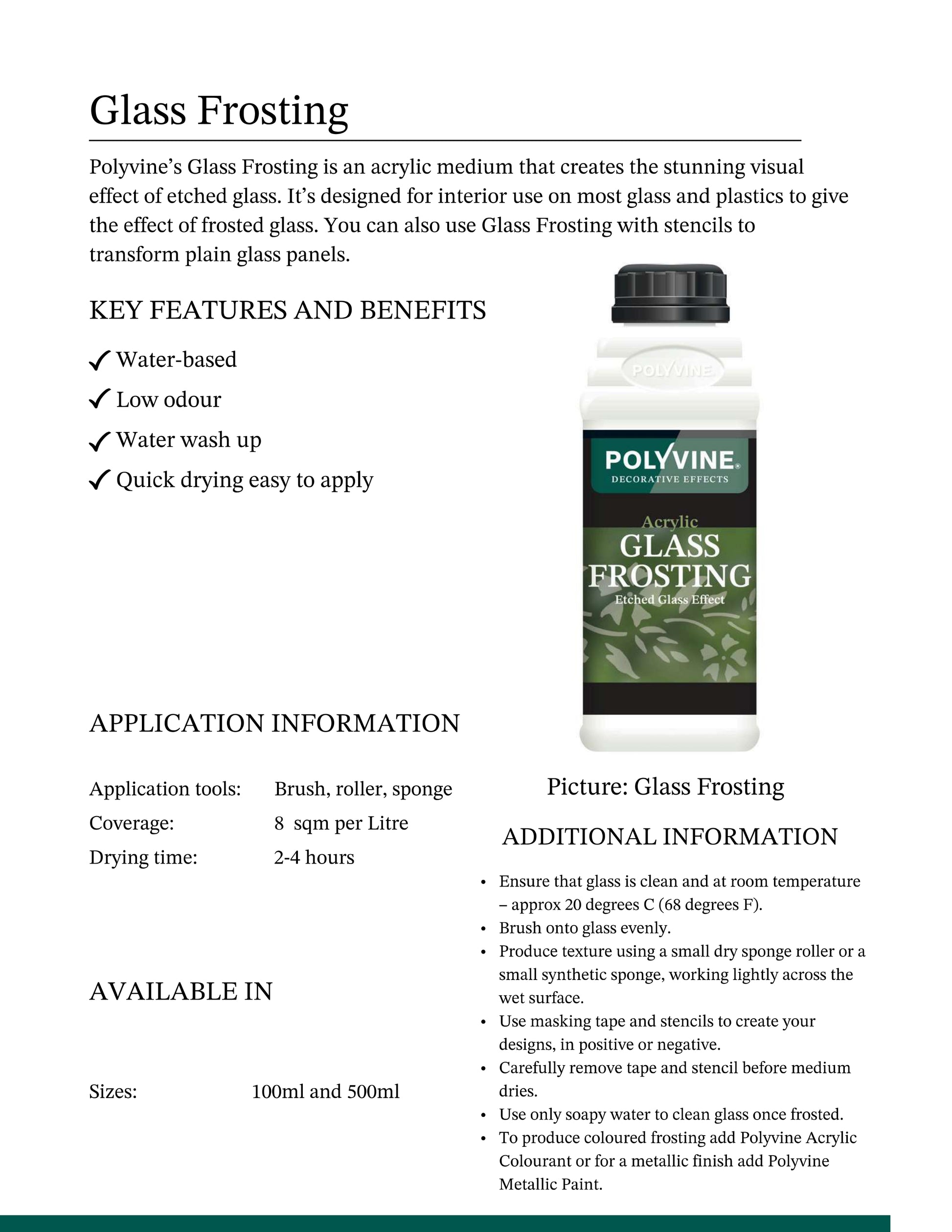 Polyvine Glass Frosting product with features and application information on a white background