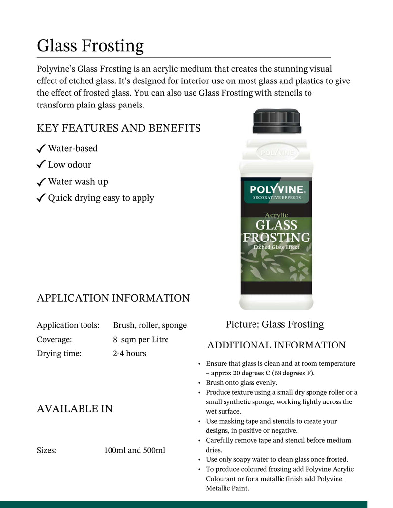 Polyvine Glass Frosting product with features and application information on a white background