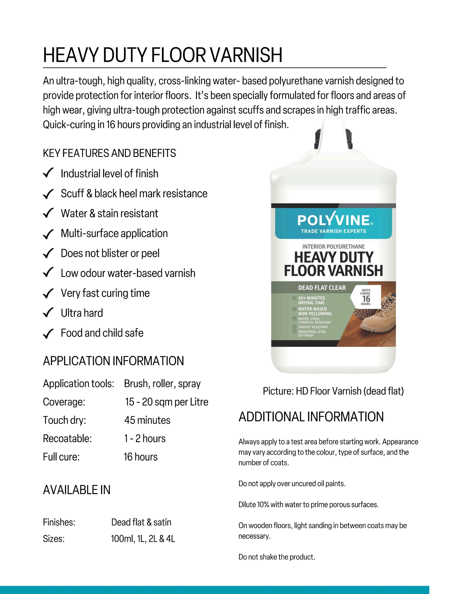 Heavy-duty floor varnish with product details and features on a white background