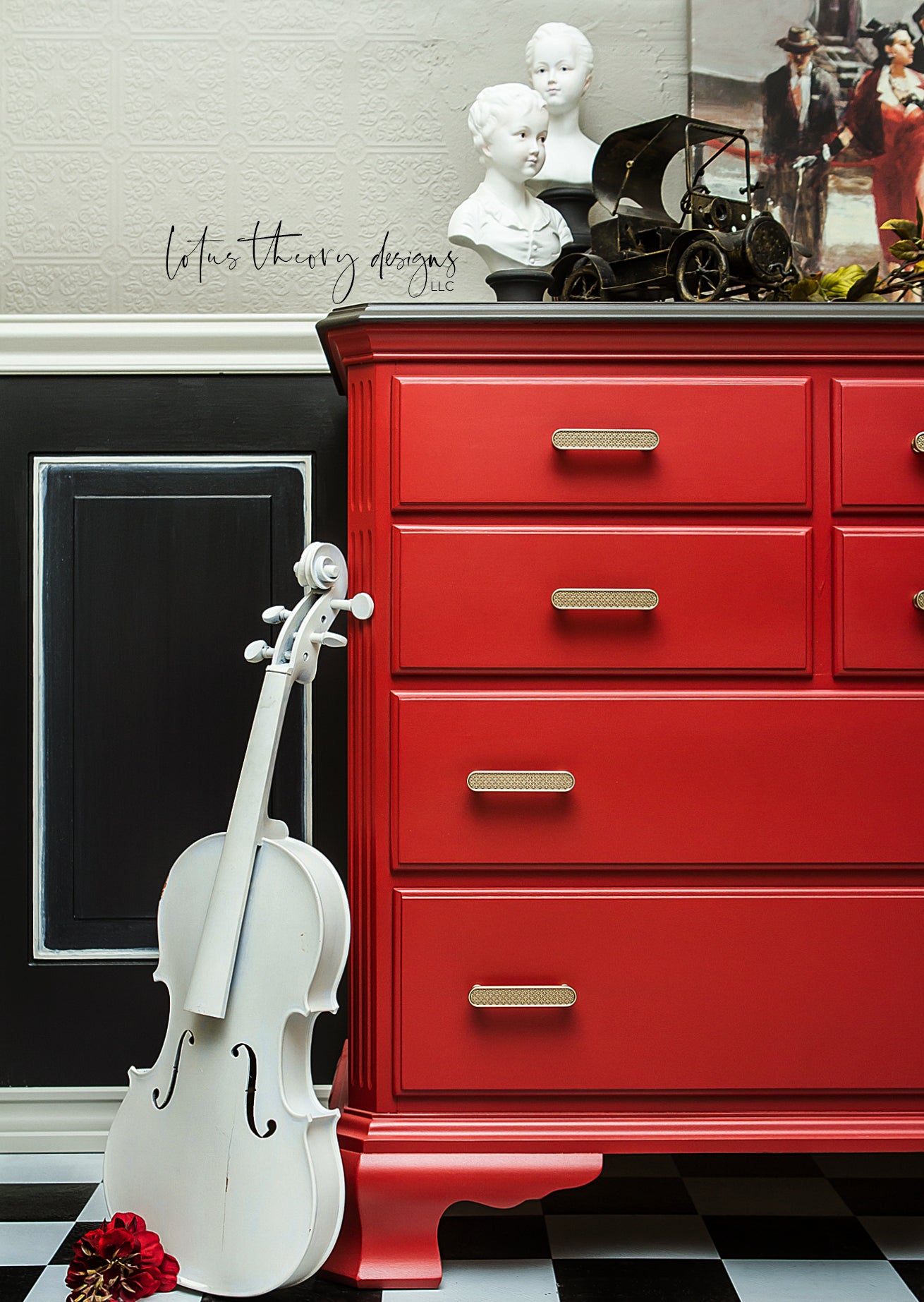 dresser covered in rich red Barn Red Dixie Belle Chalk Paint