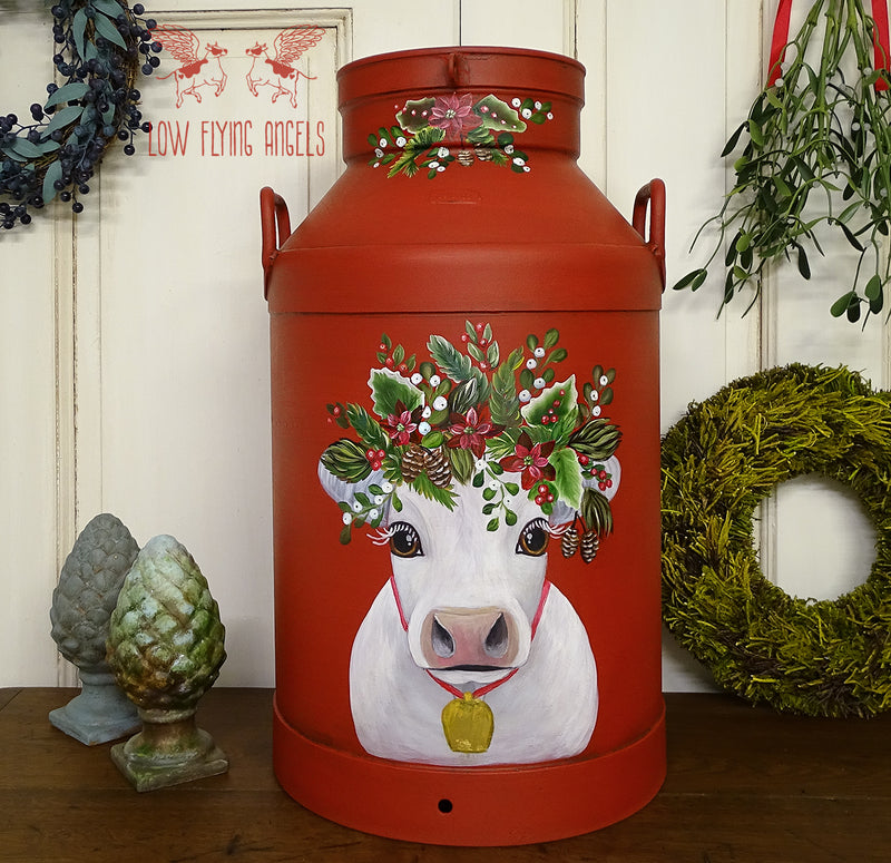 milk jug with white cow covered in rich red Barn Red Dixie Belle Chalk Paint
