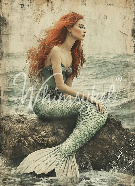 A mermaid with long red hair sits on a rocky shore, her green fishtail glinting in the light as ocean waves crash around her