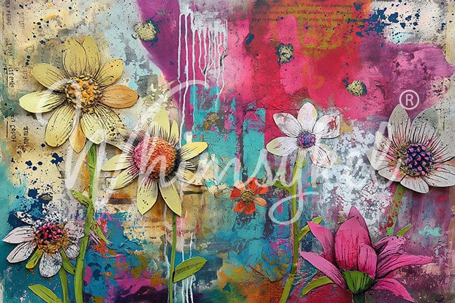 Colorful mixed-media artwork featuring whimsical yellow, white, orange, and pink flowers against a layered turquoise, magenta, cream, and blue background