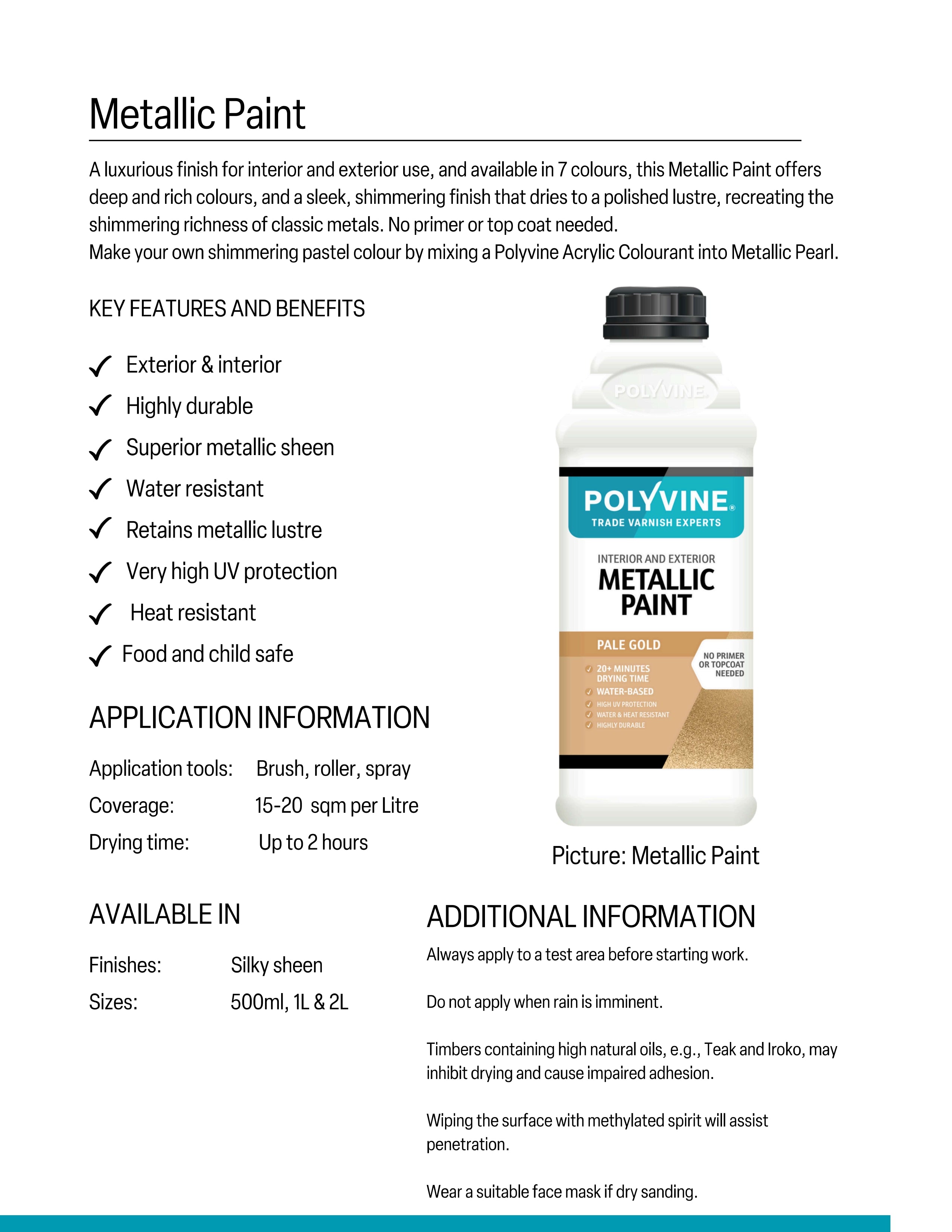 Polyvine metallic paint bottle with product details on a white background