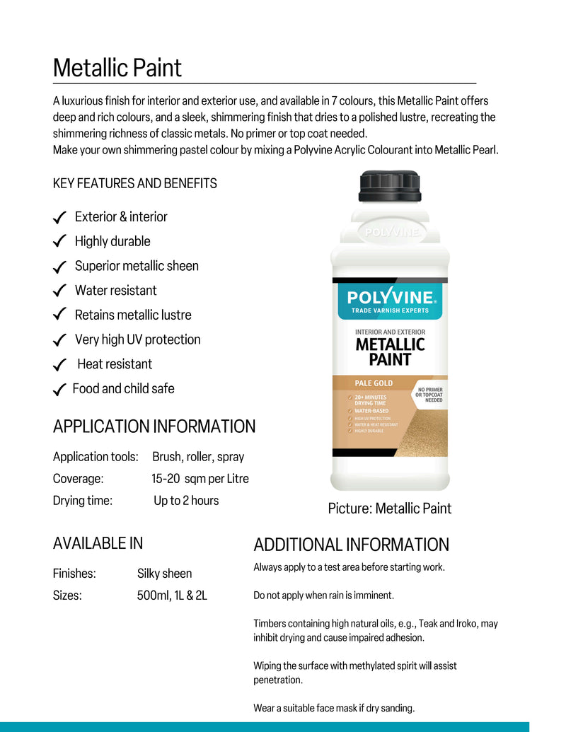Polyvine metallic paint bottle with product details on a white background