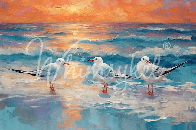 Three seagulls standing at the shoreline as turquoise waves roll in beneath a glowing orange sunset