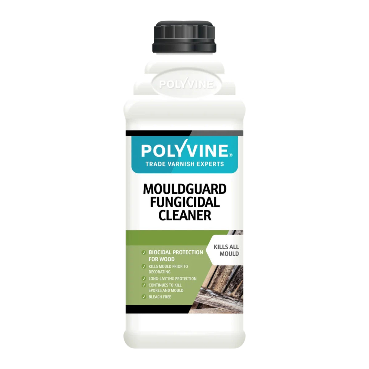 A white plastic bottle of Polyvine Mouldguard Fungicidal Cleaner with a black cap, shown on a plain white background.
