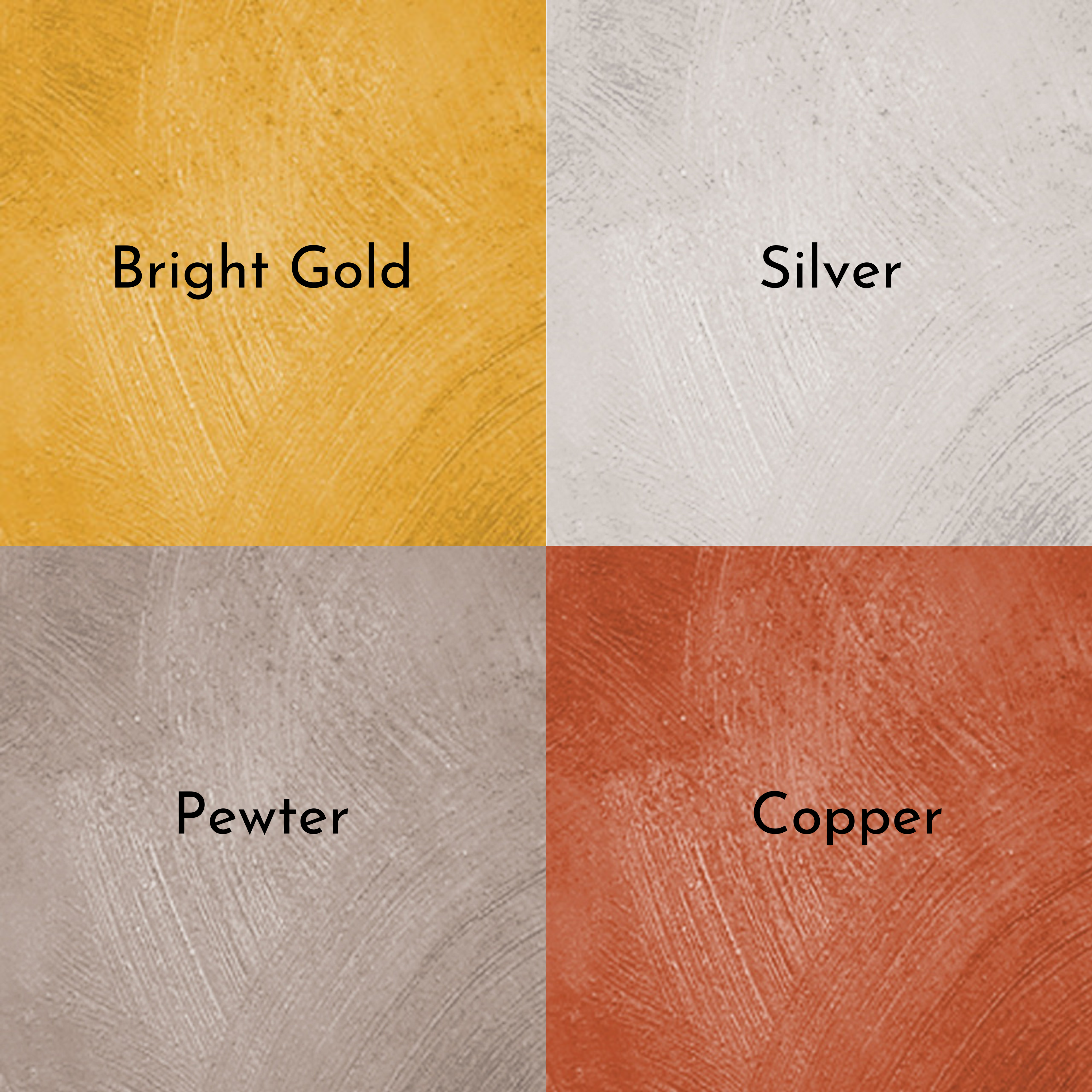 Image with 4 squares featuring metallic paint colors of bright gold, silver, pewter and copper.