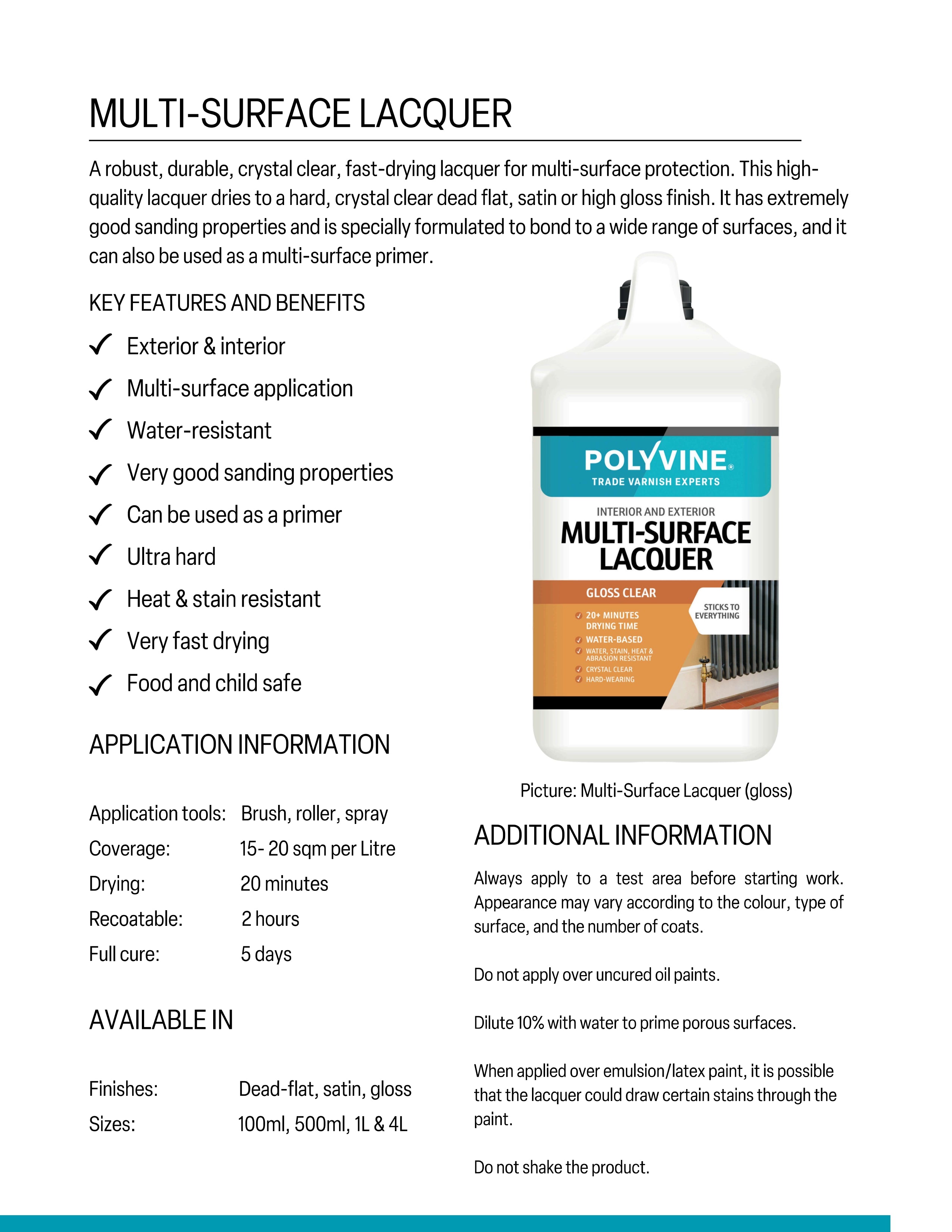 Polyvine Multi-Surface Lacquer product with features and benefits listed on a white background