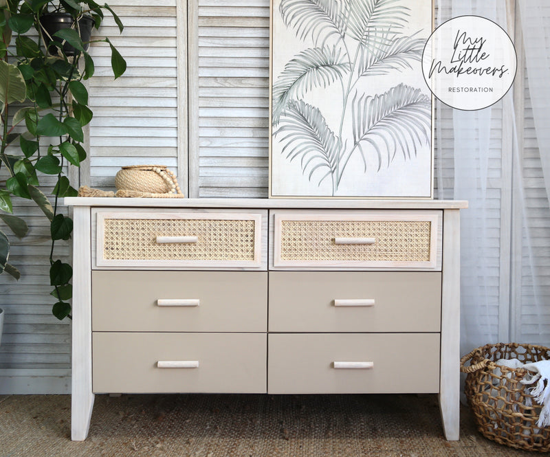 drawers covered in pinkish tan Burlap Dixie Belle Chalk Paint