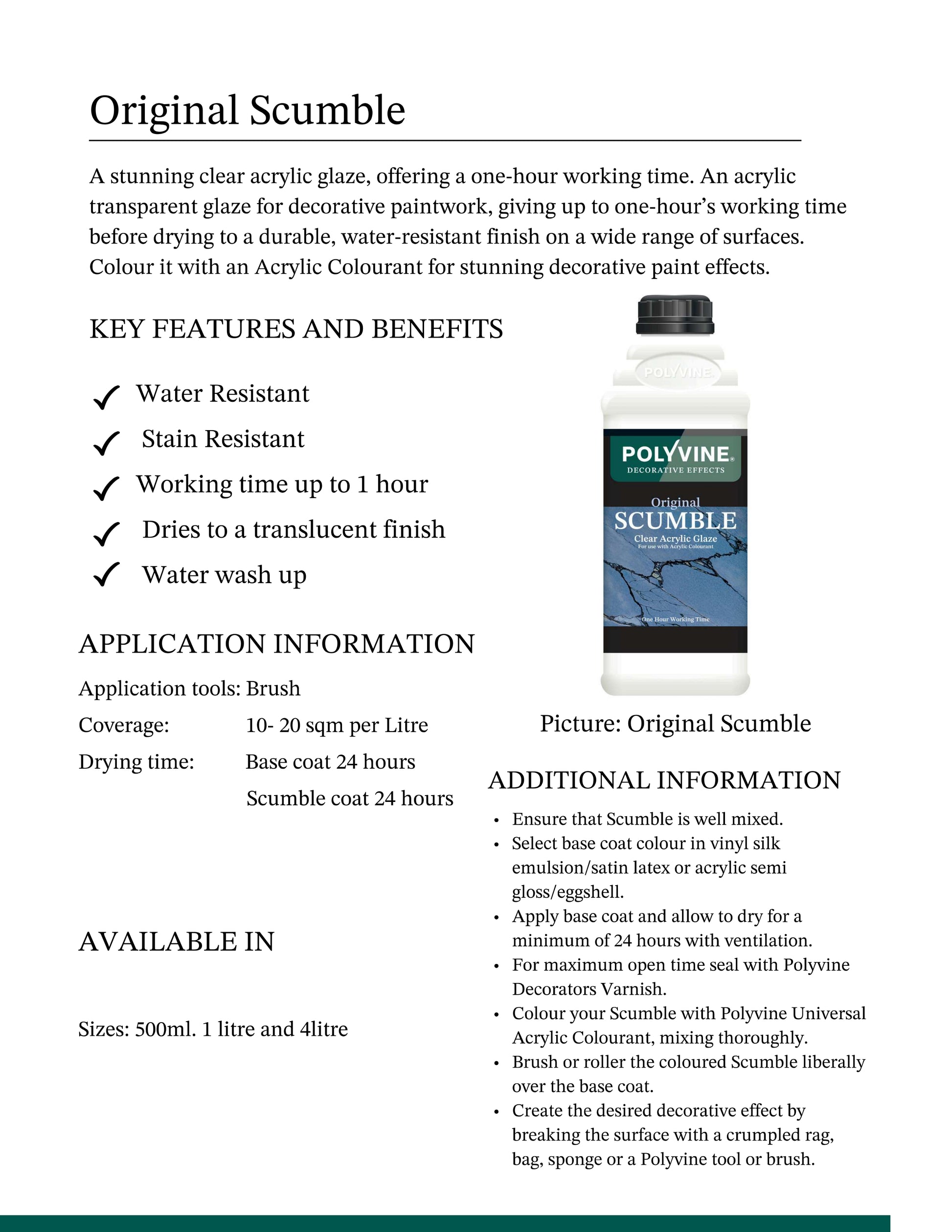 Product description of Polyvine Original Scumble with features, benefits, and application information.