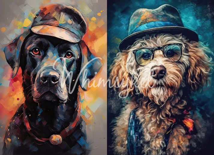 Colorful painted portraits of a black Labrador wearing a cap and a curly-haired dog wearing glasses and a fedora
