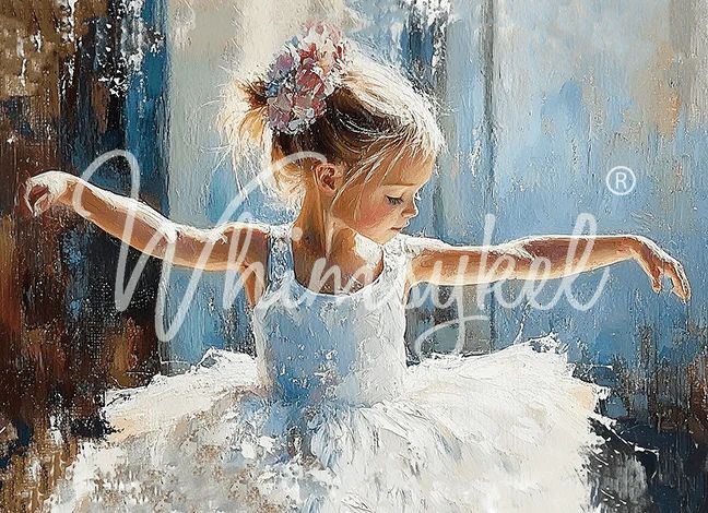 Young ballerina in a white tutu and floral hairpiece, posed with outstretched arms against a textured blue and brown background