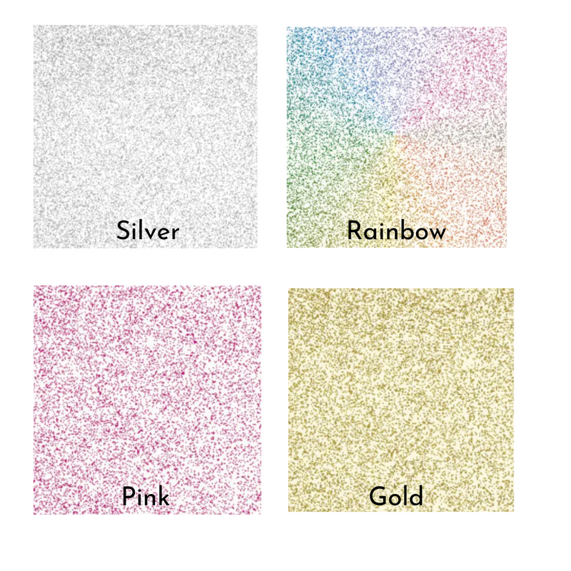 Glitter paint color swaths, silver, rainbow, pink and gold squares.