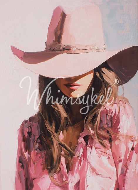 An impressionistic painting of a woman in a pink cowboy hat and floral shirt, face shadowed.
