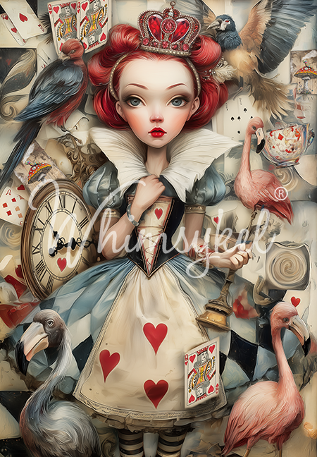 Whimsical character inspired by Alice in Wonderland with red hair and a heart-decorated dress, surrounded by playing cards and colorful birds.