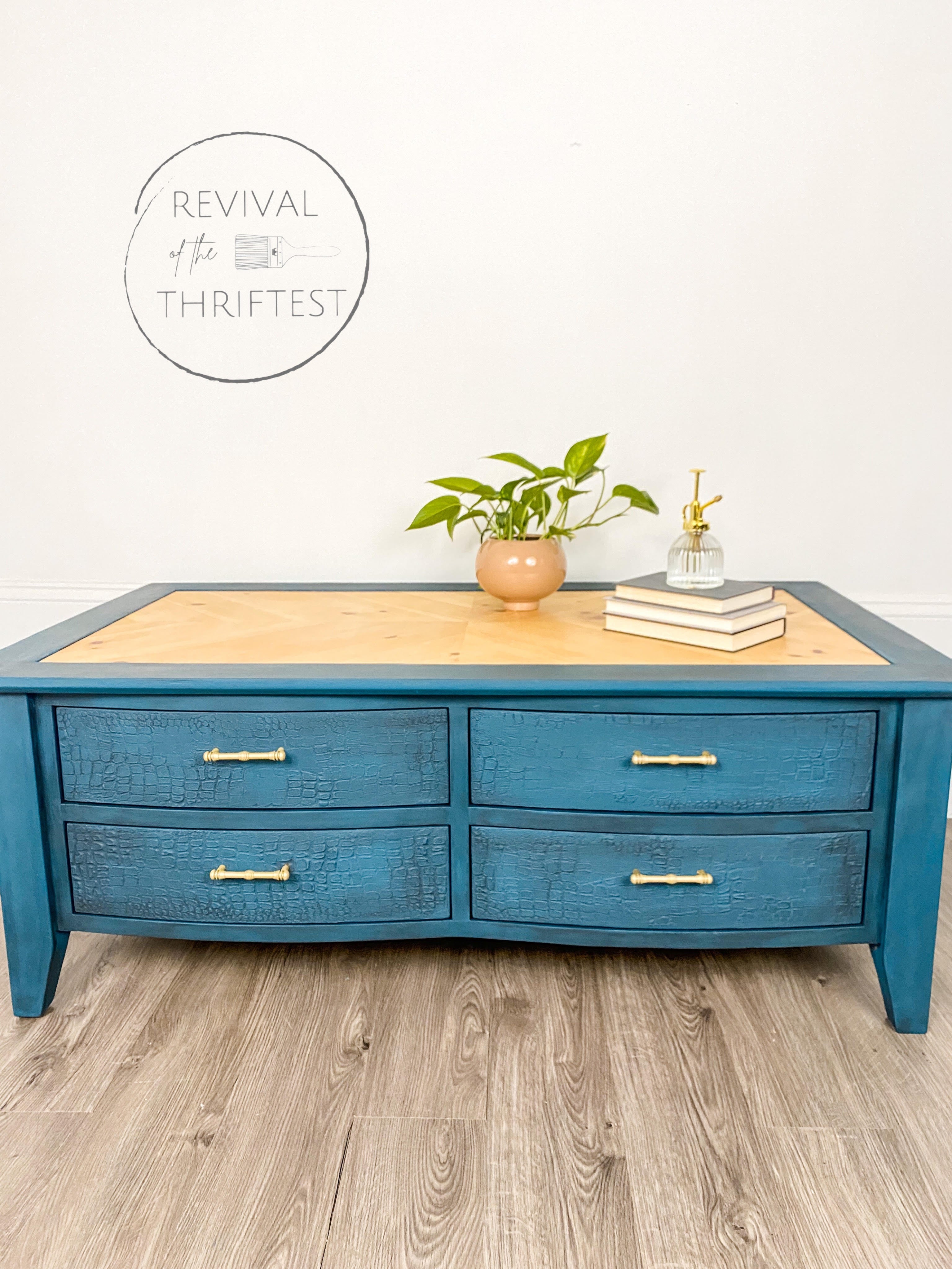 book table painted with gray blue Dixie Belle Antebellum Blue Chalk Paint