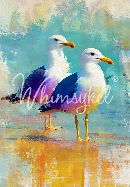 Two seagulls stand side by side on a beach, with a colorful, abstract background in soft blues and yellows.