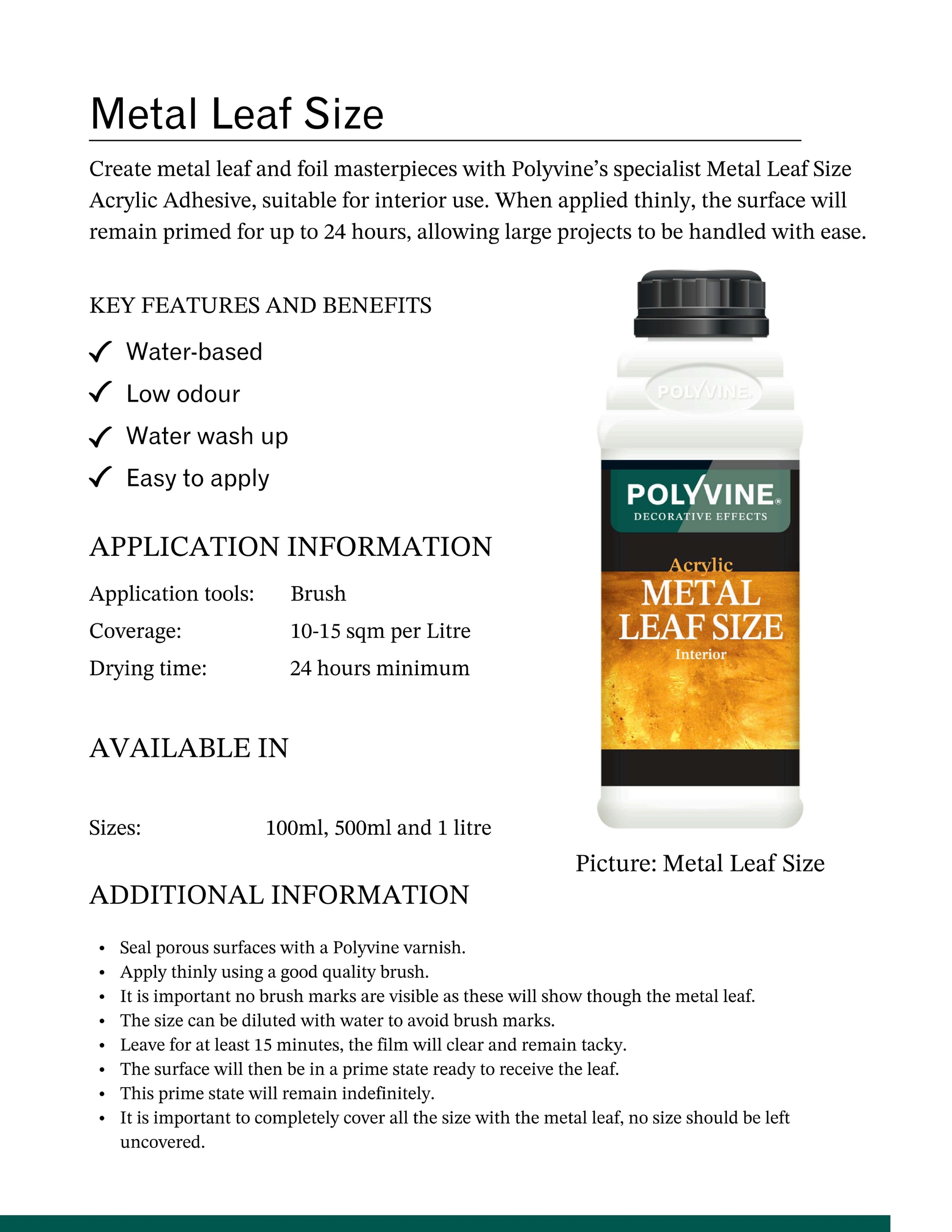 Polyvine Metal Leaf Size acrylic adhesive bottle with product details on a white background