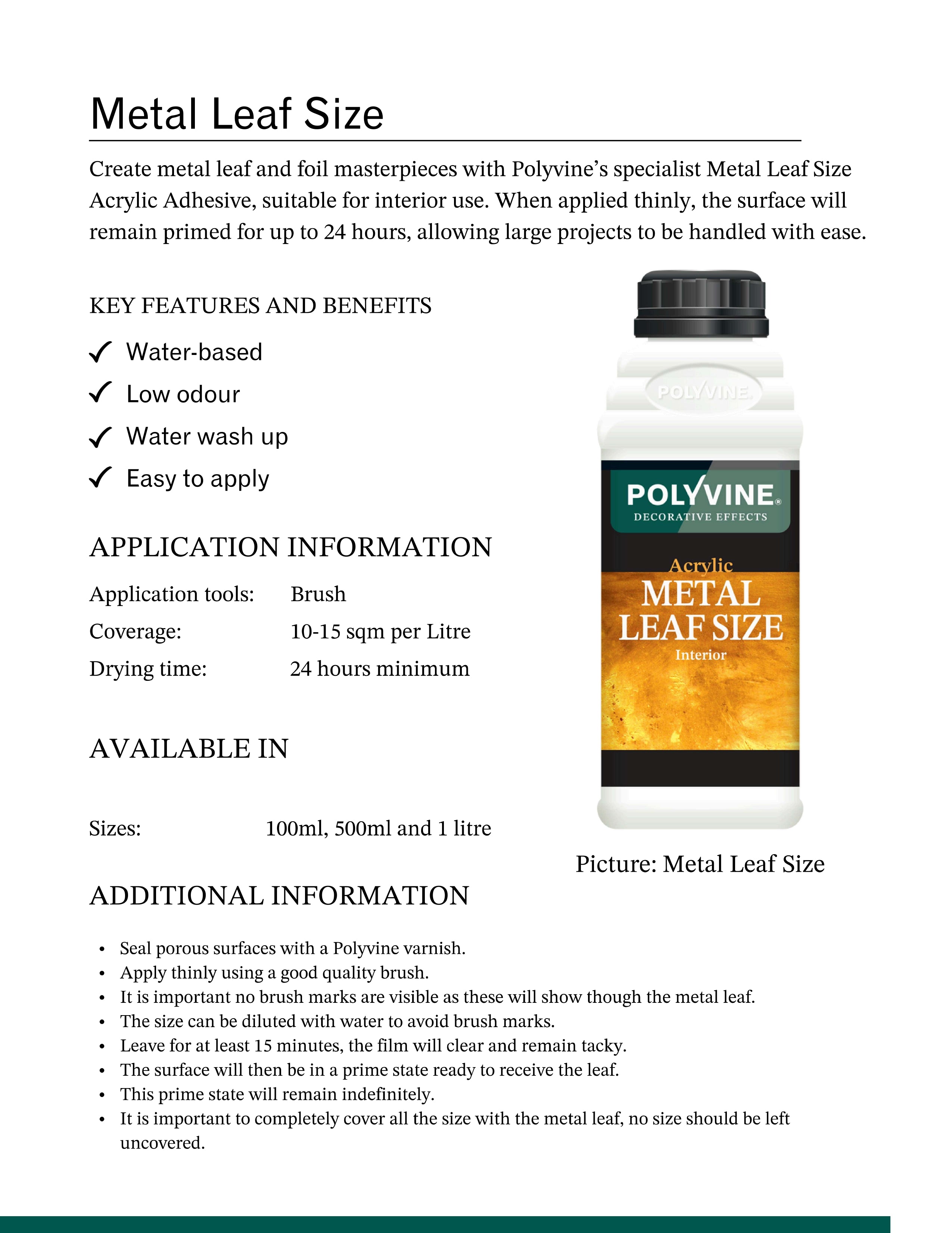 Polyvine Metal Leaf Size acrylic adhesive bottle with product details on a white background