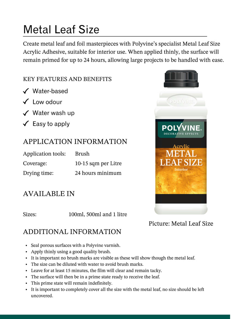 Polyvine Metal Leaf Size acrylic adhesive bottle with product details on a white background