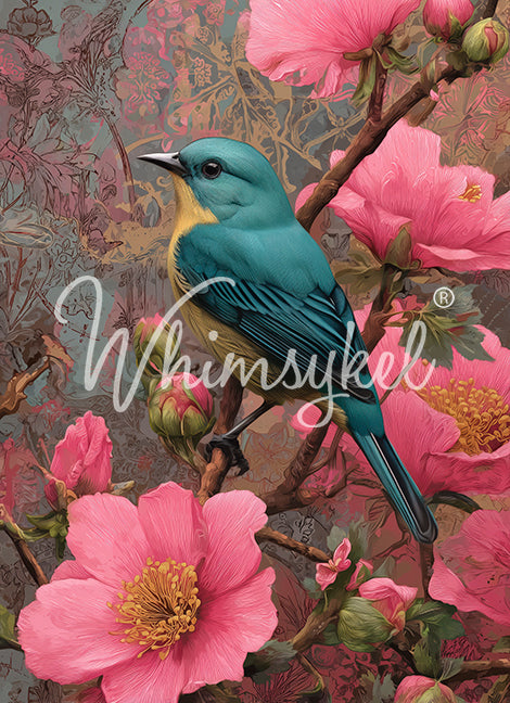 A turquoise bird perched on pink flowers, showcasing vibrant colors against a soft, textured background