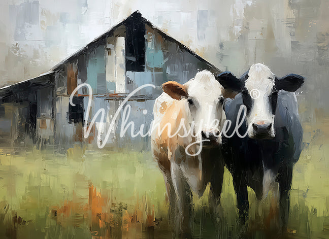 Two cows—one white and brown, the other black and white—stand together in front of a weathered barn in a grassy field