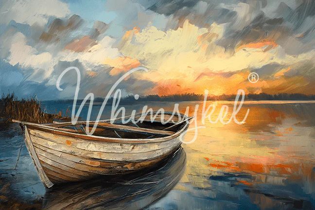 A rustic wooden boat floats on a calm body of water at sunset, with vibrant orange and pink clouds reflecting on the water's surface