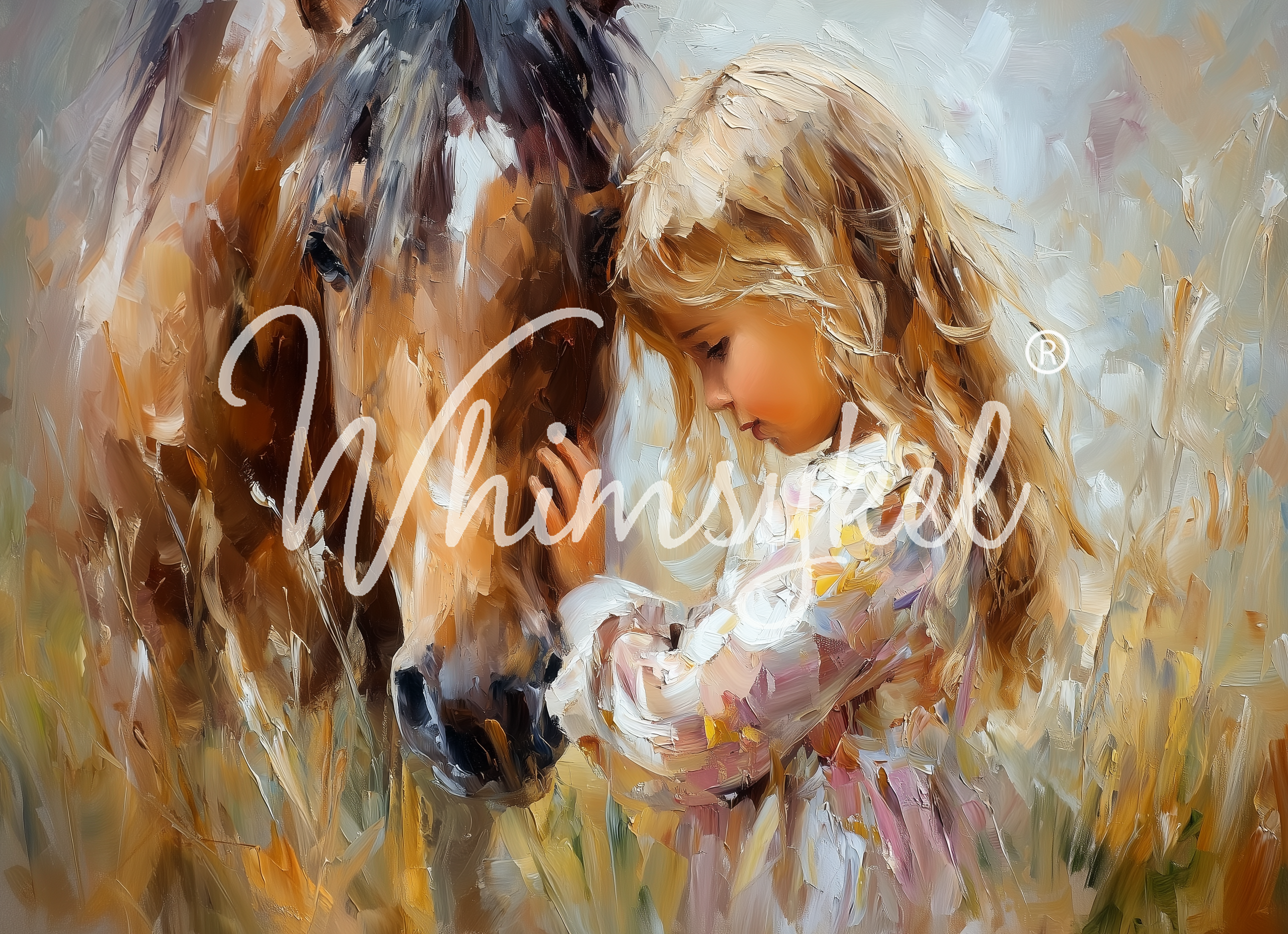 Painting of a child and horse with 'Whimsykel' logo.