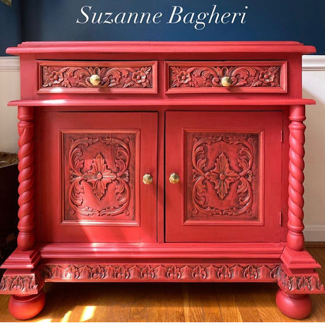 ornate cabinet covered in rich red Barn Red Dixie Belle Chalk Paint