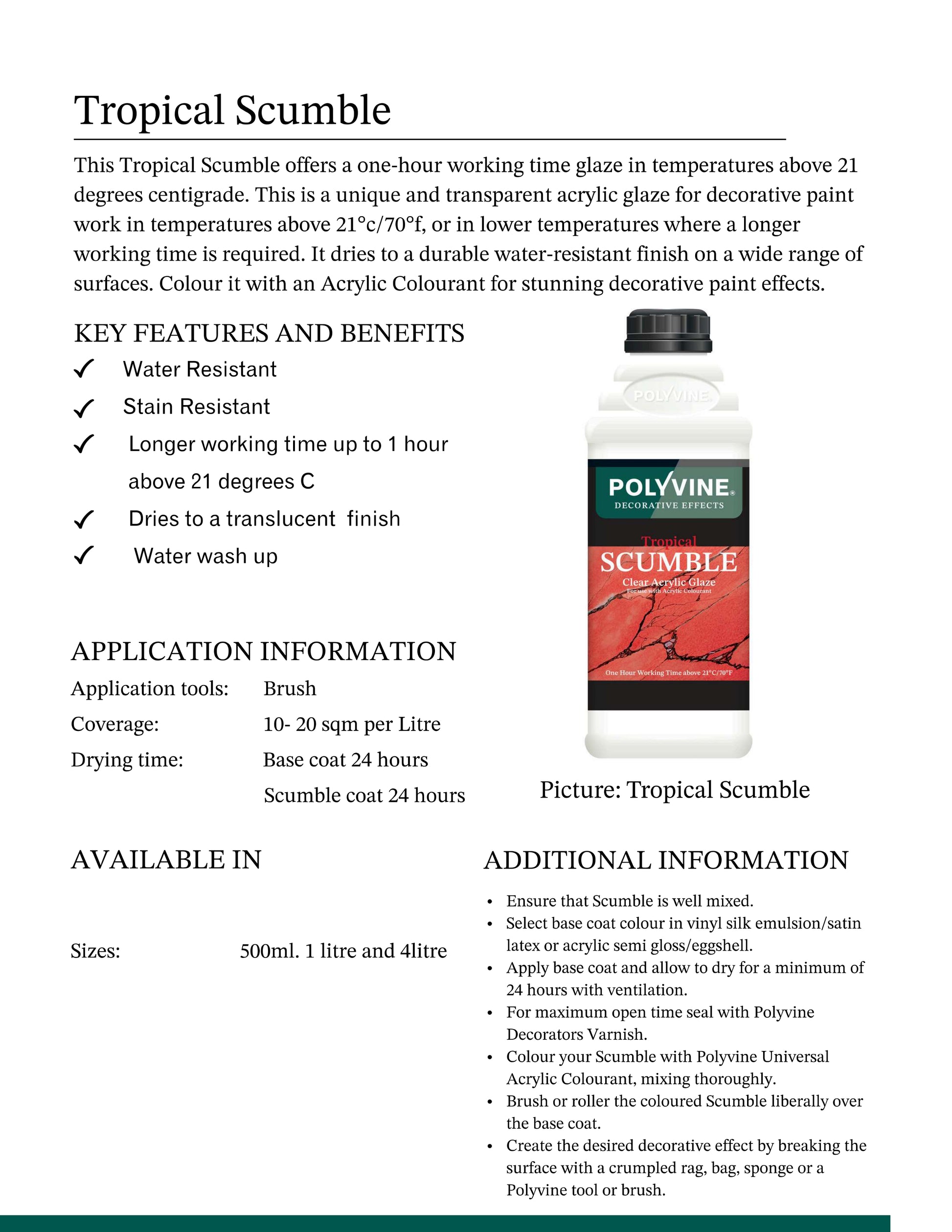Polyvine Scumble product with features and benefits listed on a white background