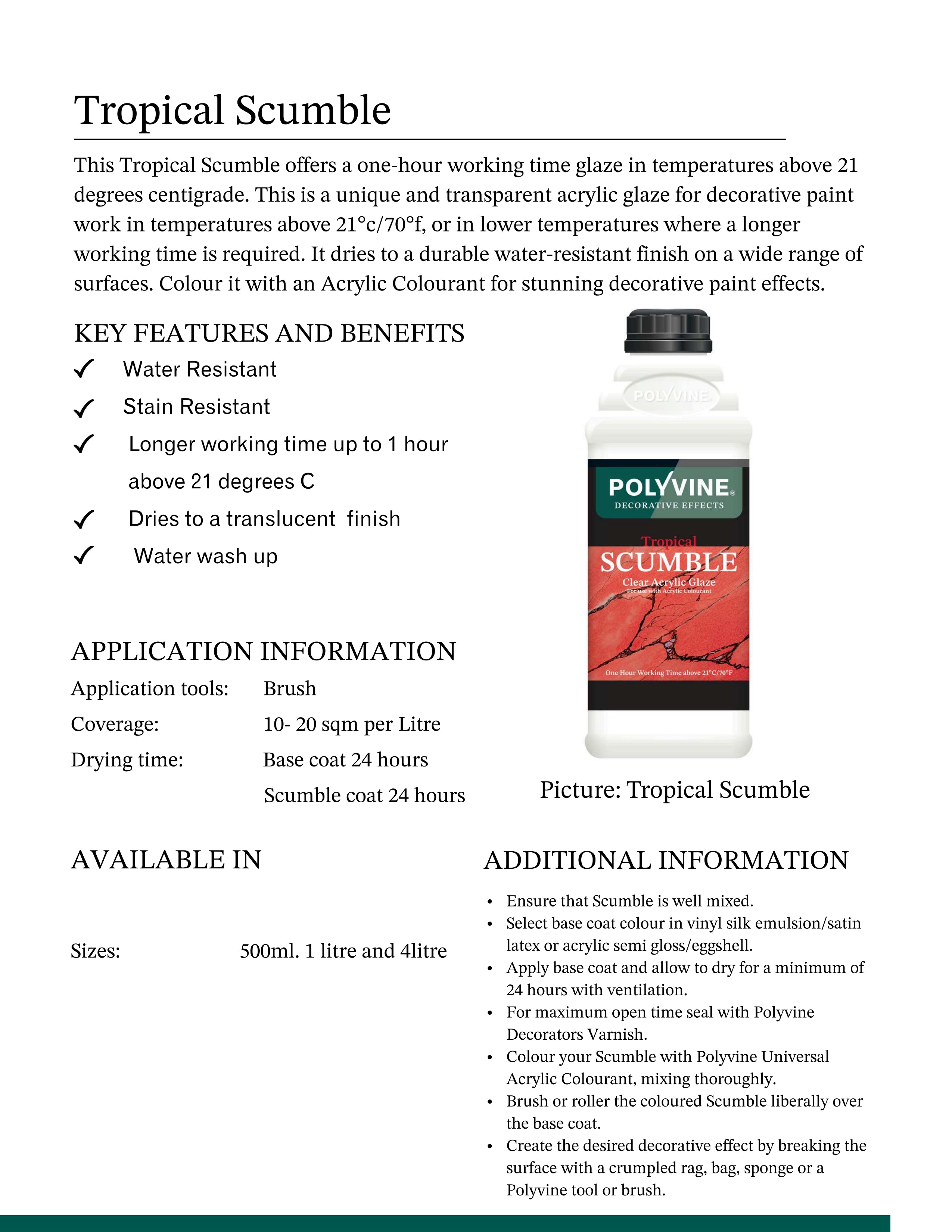 Polyvine Scumble product with features and benefits listed on a white background