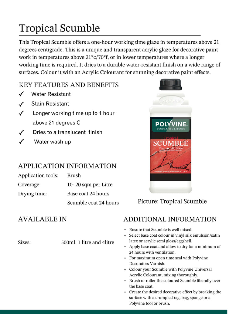 Polyvine Scumble product with features and benefits listed on a white background