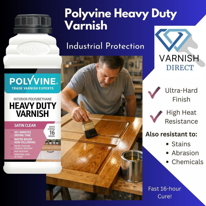 Polyvine Heavy Duty Varnish bottle with a man applying varnish to a wooden surface, featuring product details on a blue and white background.