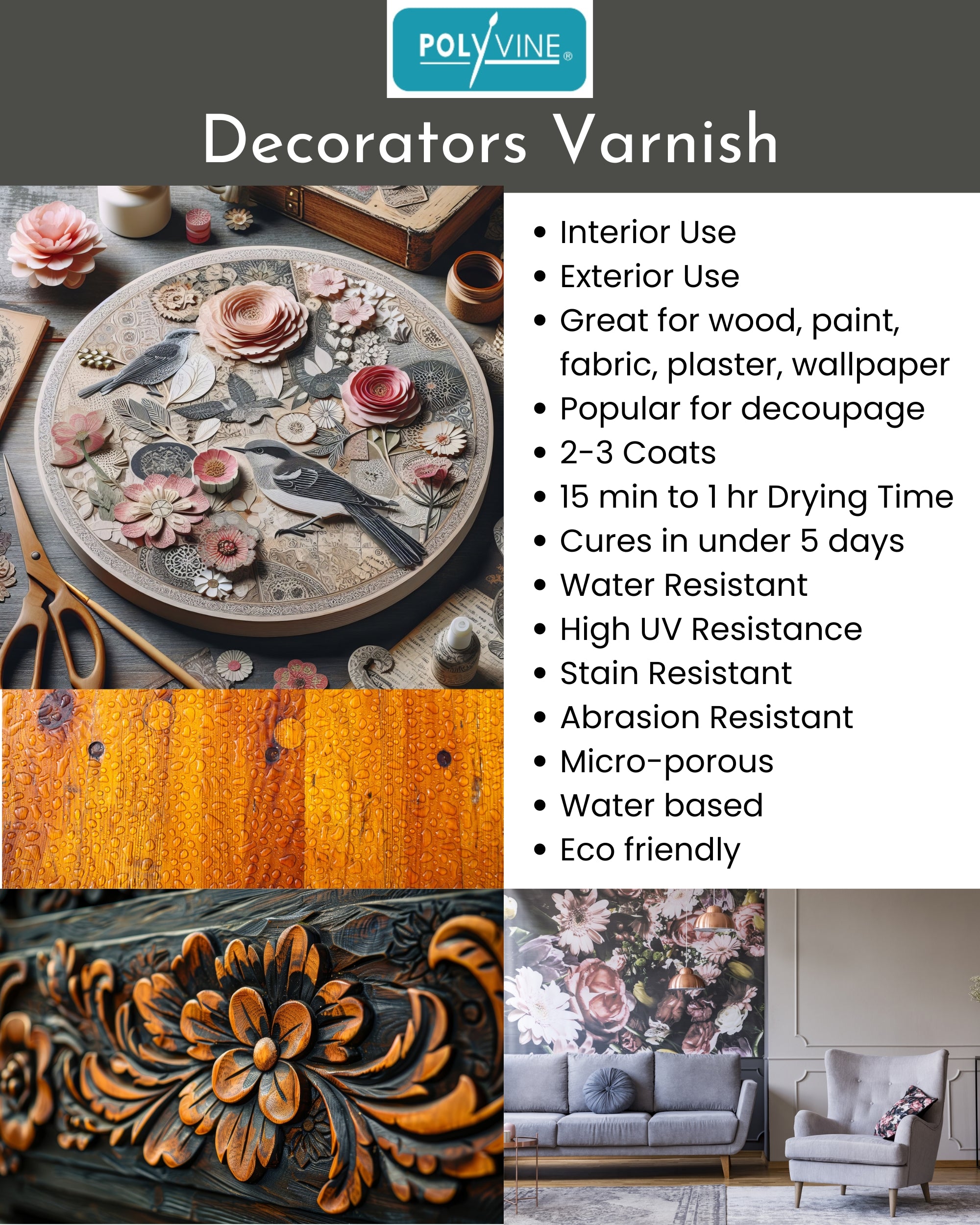 a page slick stating details of Polyvine Decorators varnish with decoupaged round with birds and flowers and clay molds
