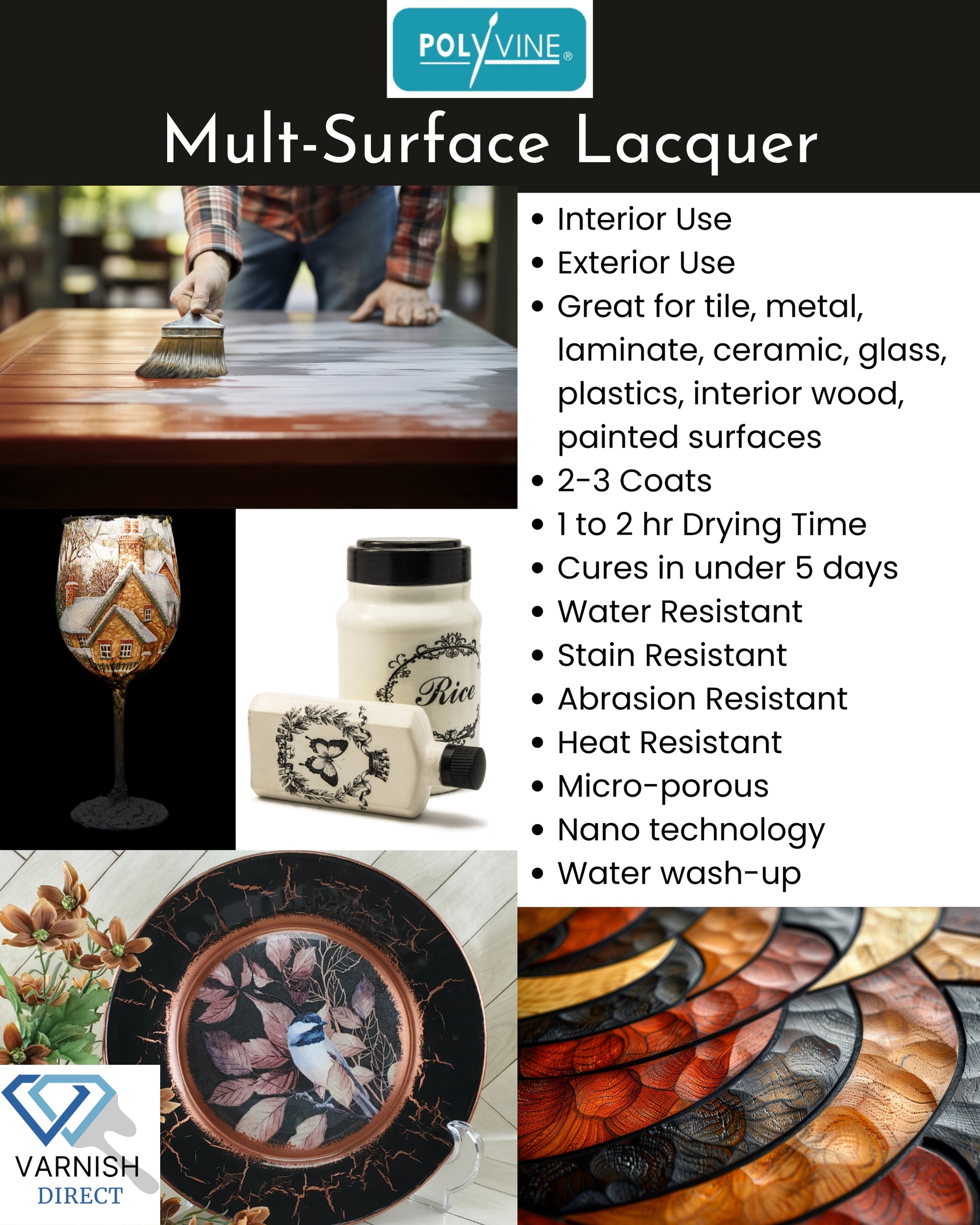 Collage of Polyvine Multi Surface wood table, varnish brush, glass, plate, plastic bottles and wood surfaces. Features list included to right.