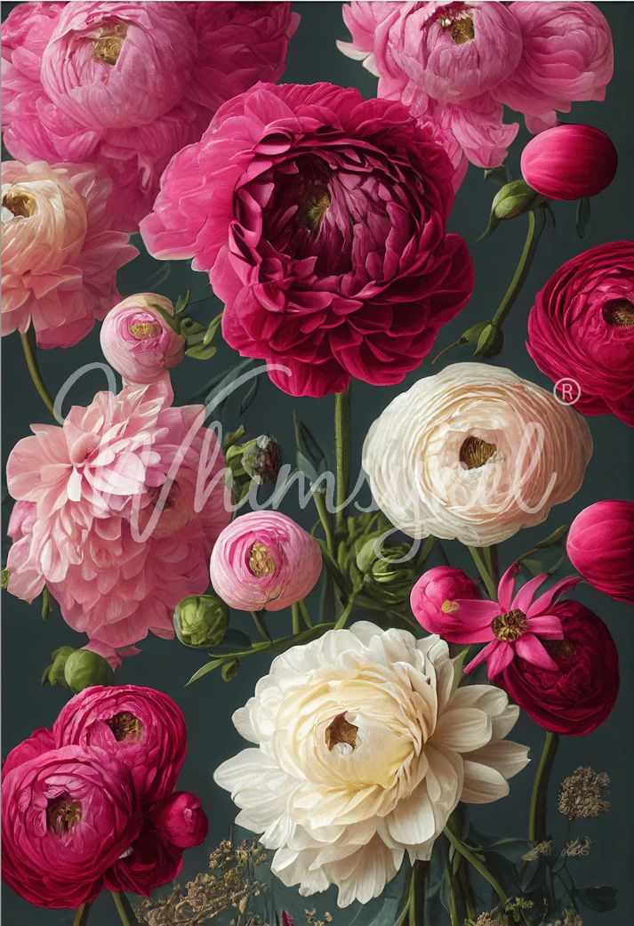 A colorful arrangement of ranunculus flowers in shades of pink, red, and white against a dark green background