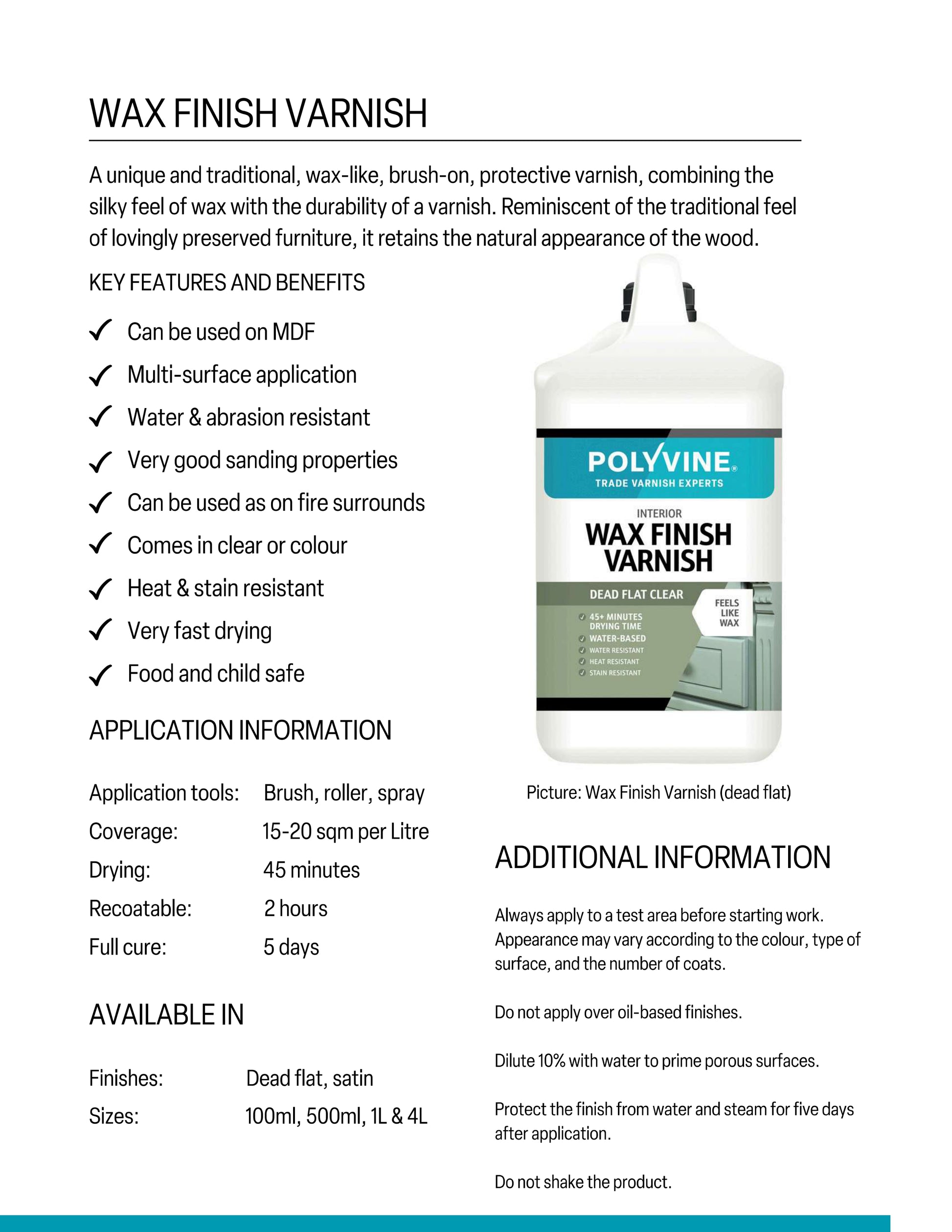 Polyvine Wax Finish Varnish with product details on a white background