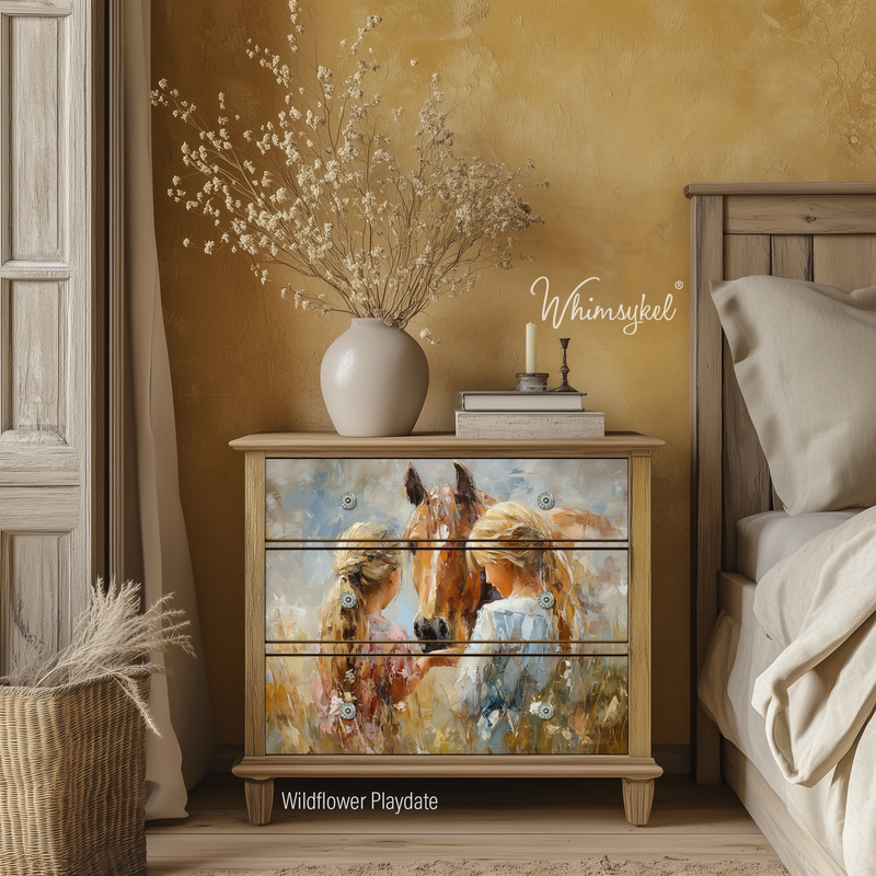 Wooden dresser with horse design on drawers in a bedroom setting
