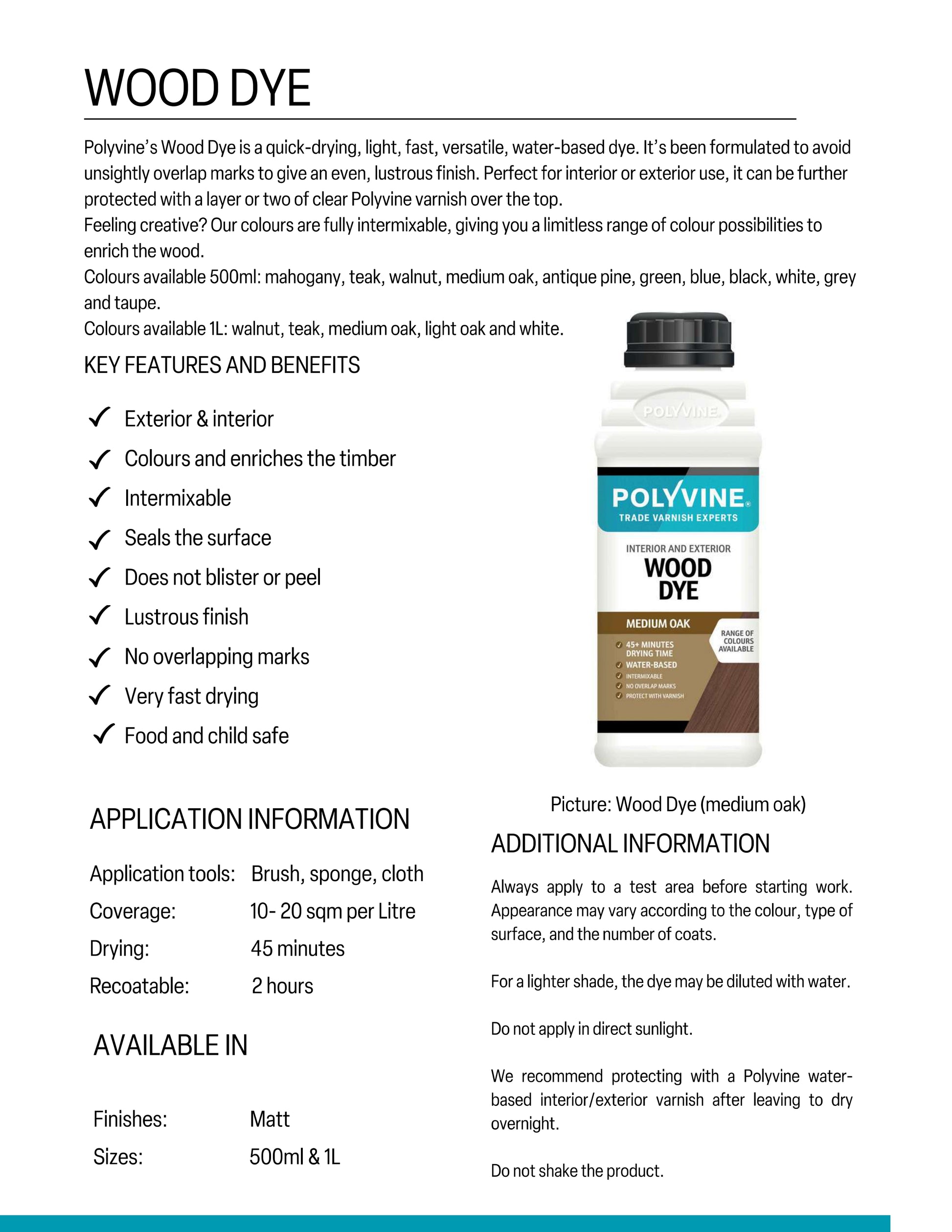 Polyvine Wood Dye product information sheet with a bottle of wood dye on a white background.