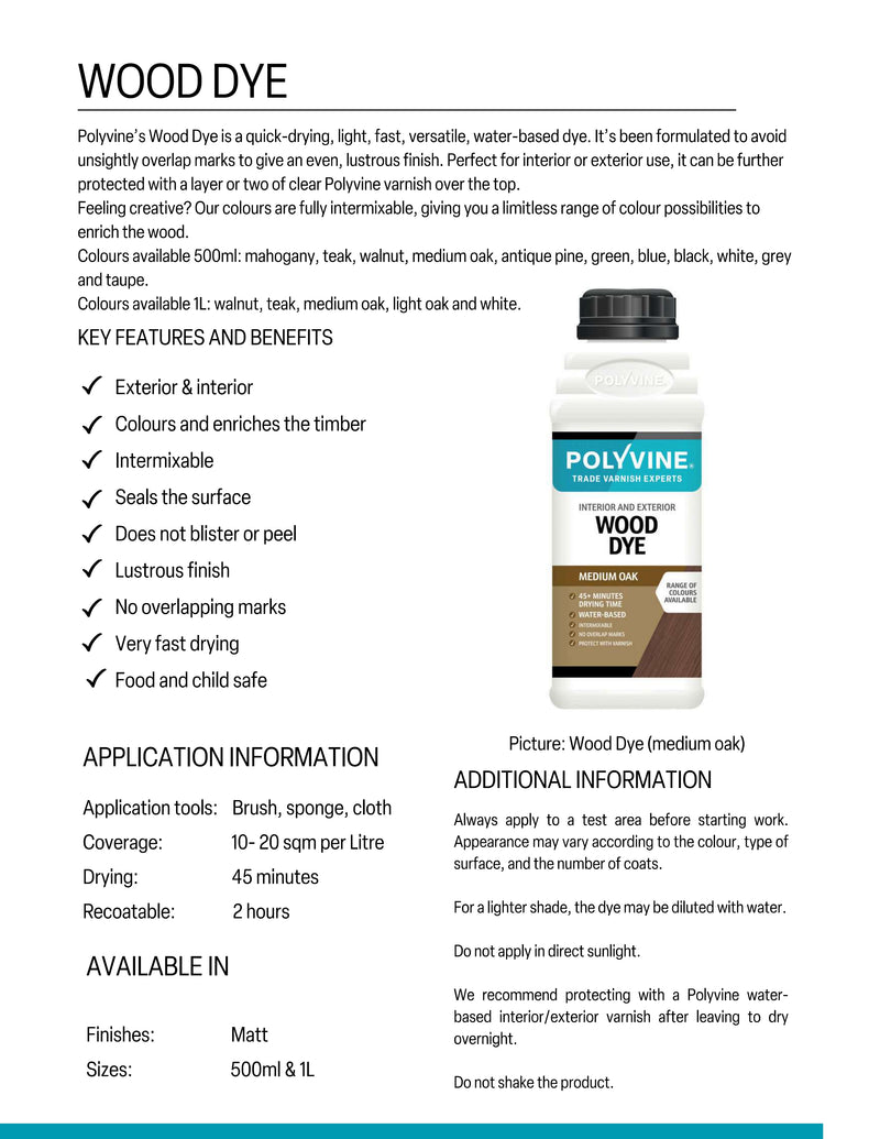 Polyvine Wood Dye product information sheet with a bottle of wood dye on a white background.